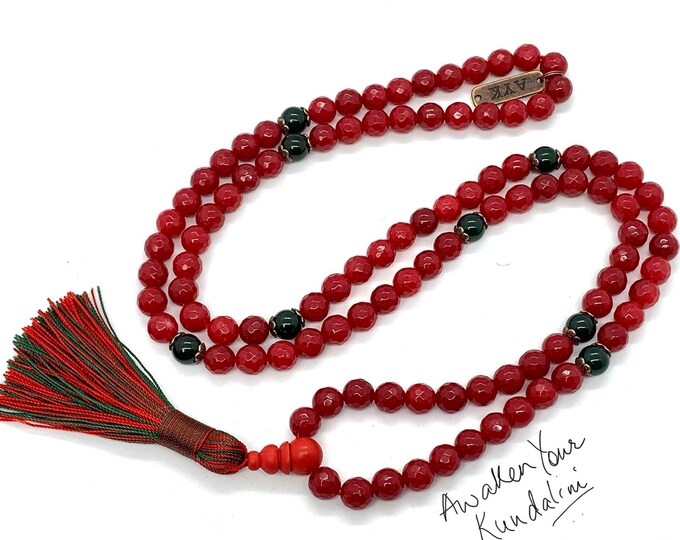 Red Green Jade Handmade yoga mala beads necklace jade mala, green Tara mala, jewelry, beaded necklace, tassel necklace, Christmas Gifts