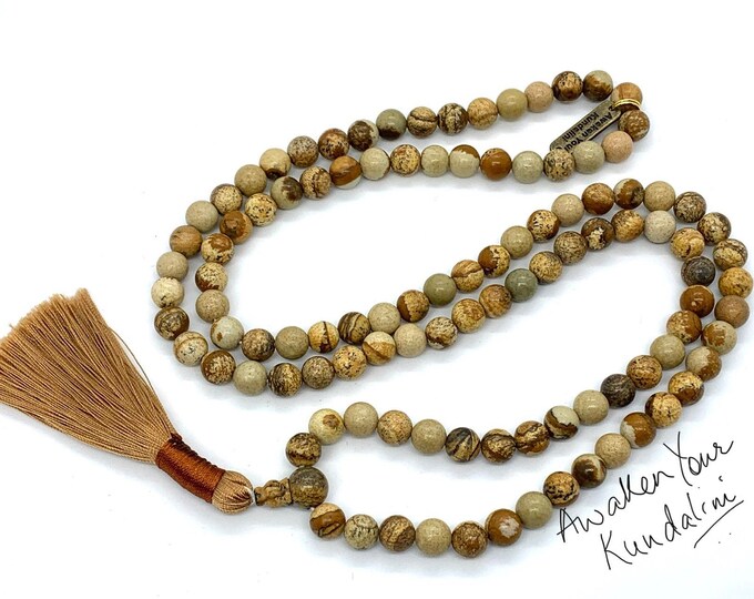 108 Beads Healing Mala Necklace, Picture Jasper Tassel Necklace,7 Chakra Meditation Spiritual Protection,Natural Stone Mala Prayer Beads