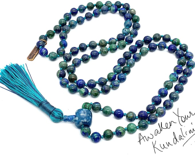 108 Azurite Shattuckite Lapis Lazuli Mala Prayer Beads Necklace Natural Semi Precious Stone Meditation 108 Bead Yoga Tassel Malachite Pyrite