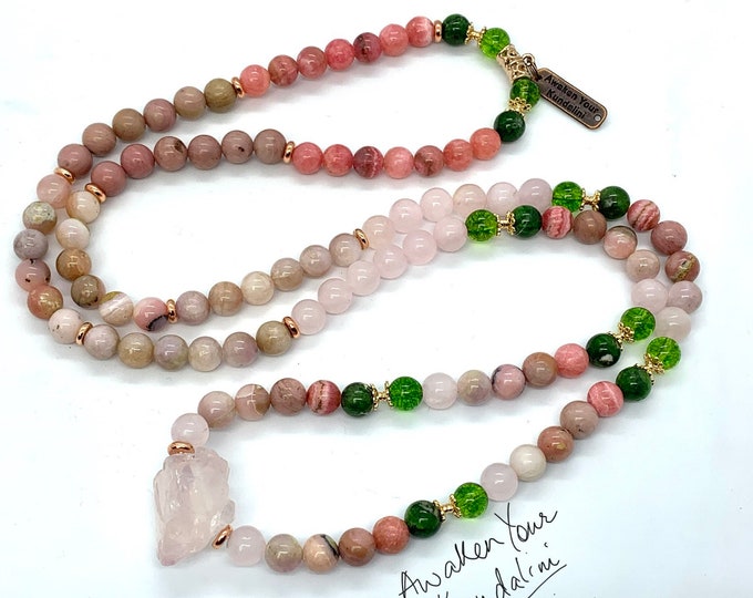 SELF LOVE Kunzite, Peridot, Rhodochrosite, Rhodonite Mala Beads Necklace Rose Quartz, Raw  Necklace, Natural Stone, Raw Crystal Necklace
