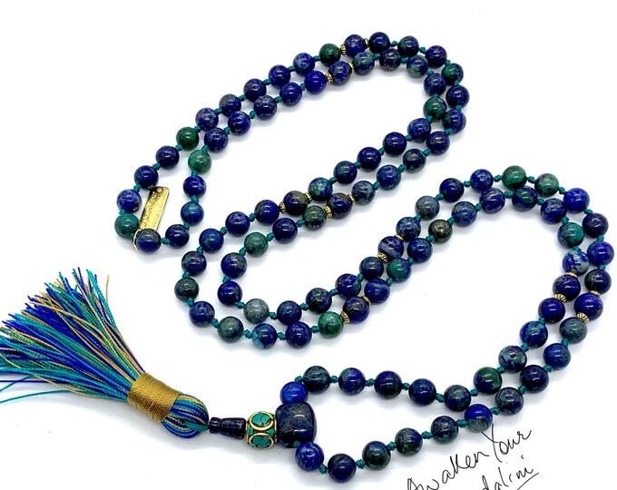 Malachite Azurite Beaded Necklace | Blue Green Stone Mala Necklace | Third Eye Bead Necklace