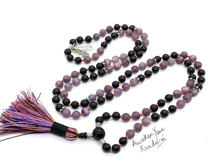 EMPATH Mala Obsidian Necklace Yoga Jewelry Gemstone Meditation Mala Psychic Empath Protection Mala Necklace 108 Lepidolite Prayer Beads
