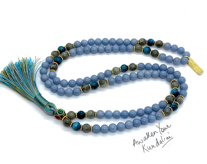 Celestial Anhydrite Angelite Mala Beads Mala Necklace Labradorite Mala Prayer Bead knotted Mala Apatite Stone Necklace Yoga gift for her him