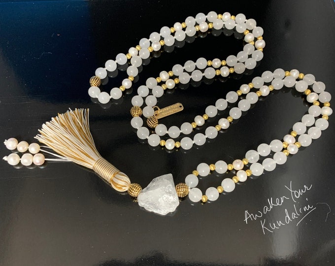 Pearl Necklace Moon  Women Jewelry Semi Precious Mala Beads 108, Knotted Prayer Beads, Relationship gifts, Meditation, Japa, Yoga