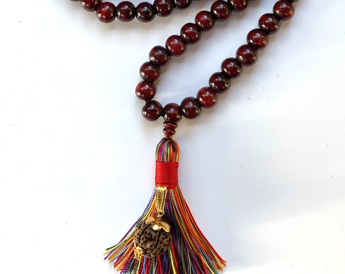 108 Beads Rosewood Mala Beads Necklace with 5 Mukhi Rudraksha Pendant,Buddhist prayer beads rosewood beads beaded wood mala