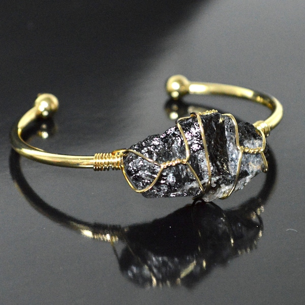 Gold Bangle, Raw Black Tourmaline Cuff Bracelet | rough stone, tourmaline jewelry, raw gemstone, black stone jewelry, gift for her, chunky