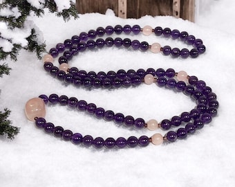 108 Beads Healing Mala AMETHYST Necklace, 7 Chakra Tassel Necklace, Meditation Spiritual Protection Natural Stone Wrap Mala Prayer Beads