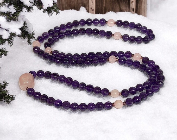 Natural Amethyst Mala 108 Beads. Protection Crystal Sahasrara Chakra Reiki.  Meditation Mala Spiritual Jewelry, Amethyst Bracelet. Purple Crystal.