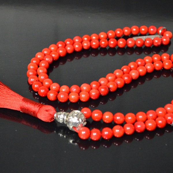 108 Beads Healing Mala Red Coral Necklace, 7 Chakra Tassel Necklace, Meditation Spiritual Protection Natural Stone Mala Prayer Beads Necklac