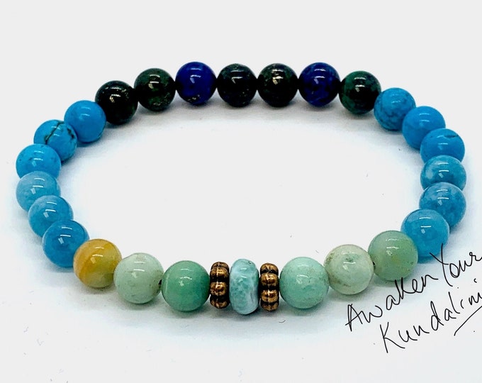 Throat Chakra Bracelet Aquamarine Jewelry Birthstone Crystal zodiac Gemstone bracelet Larimar Turquoise Chrysocolla Amazonite