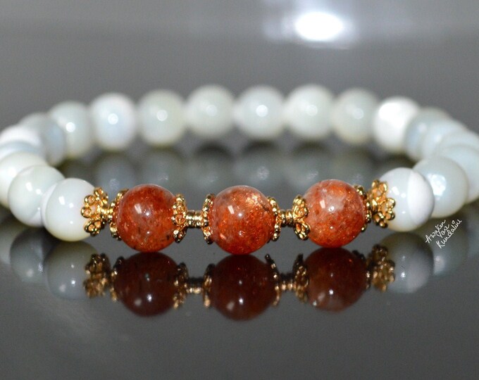 Sunstone Crystal Dainty Beaded Gemstone Bracelet, Mother of Pearl Bracelets for Women Men Birthday Gifts