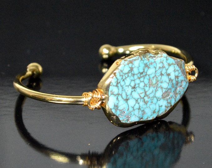 Gold Bangle Raw Turquoise Bracelet Cuff Turquoise Bracelet Adjustable Boho Raw Stone Cuff Raw Brass Mojave Turquoise Cuff Jewelry Gift Idea