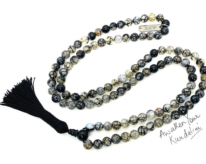 AAA Gray Dragon Vein Agate Mala Beads Necklace Dragon Veins Agate necklace for men women Agate Necklace Black and white agate 8mm Beads