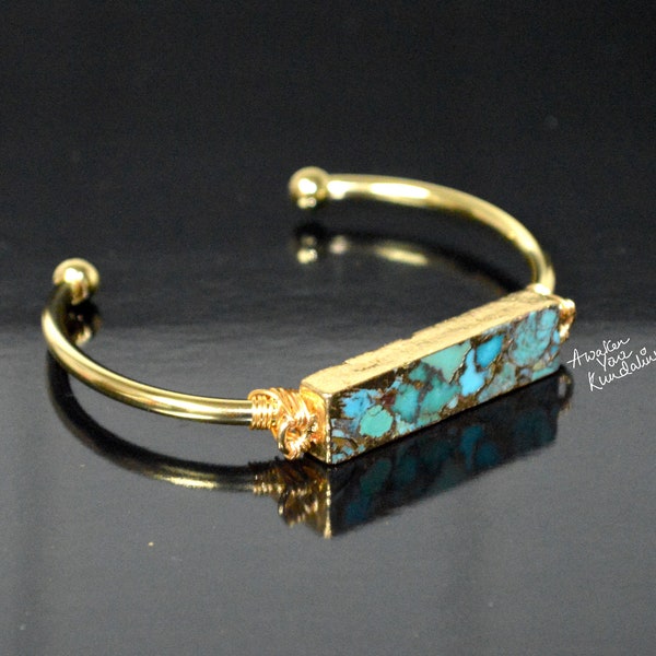 Gold Bangle Raw Turquoise Bracelet Cuff Turquoise Bracelet Adjustable Boho Raw Stone Cuff Raw Brass Mojave Turquoise Cuff Jewelry Gift Idea