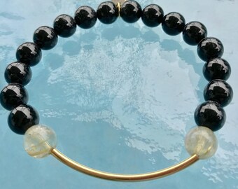 Genuine Black Tourmaline & Golden Rutilated Quartz Mala Bracelet, Natural Tourmaline Jewelry, Elbaite Earthy Bracelet, Protective Bracel