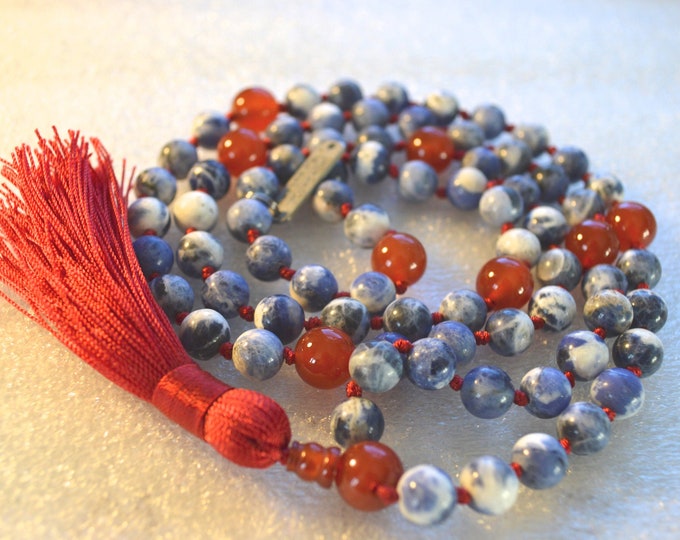 108 Blue Sodalite Mala Beads Necklace, Sodalite Healing Jewelry to Overcome Fears, Helps get rid of Guilty feelings and Irrational Fears