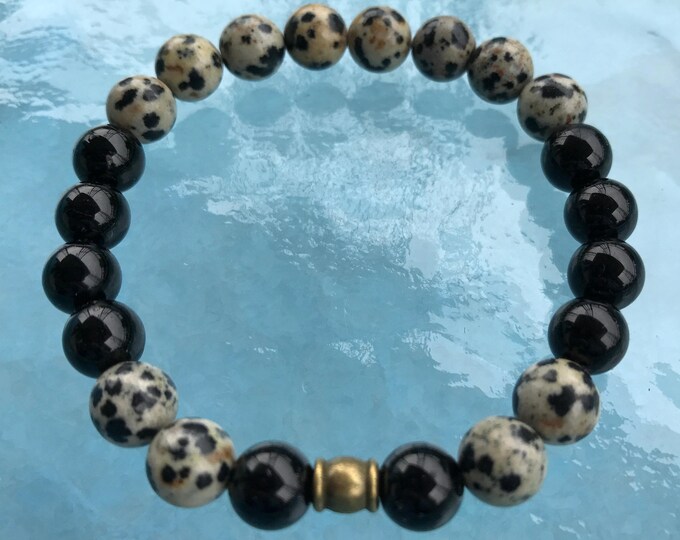 Genuine Black Tourmaline & Dalmatian Mala bracelet - deflecting radiation energy,repel and protect from negative energy and changesChristmas