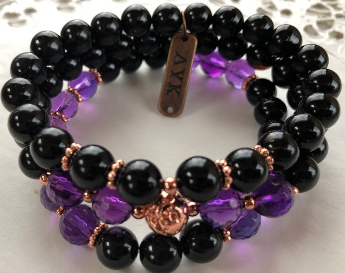 Black Tourmaline & Amethyst Bracelet, 3 Braclets Set, Protection, Healing Crystals