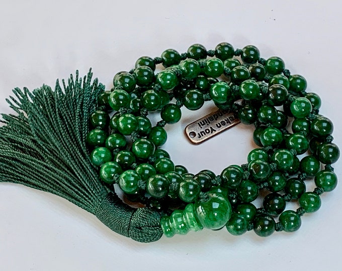 108 Green Jade Nephrite Mala Beads Necklace, Energized & Blessed Natural Genuine Green Jade Prayer Beads, Nephrite healing crystal love mala