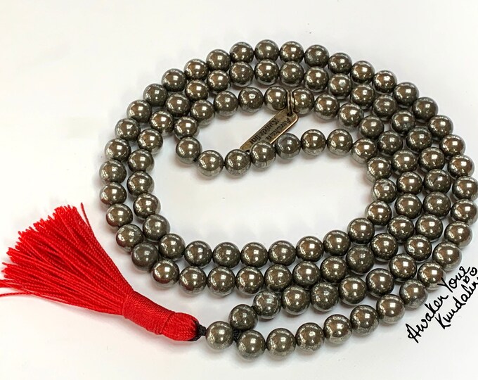 108 Mala Beads Pyrite Mala Necklace, AAA Golden Pyrite Beads For Energy Protection Healing Meditation Grounding Tassel Necklace