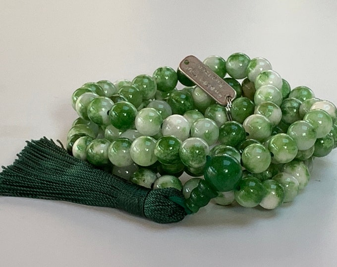 Mixed Jade Green and white green 8 mm Mala Beads Necklace, Yoga Jewelry - increased mercy, unselfishnes, manifestation, heart chakra, love