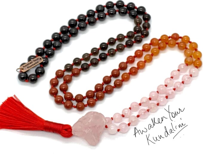 Red Jasper Garnet Smokey Quartz Rose Carnelian Mala beads Necklace Crystals for Sex & Intimacy, Stability, Physical need, Aids Sexual life