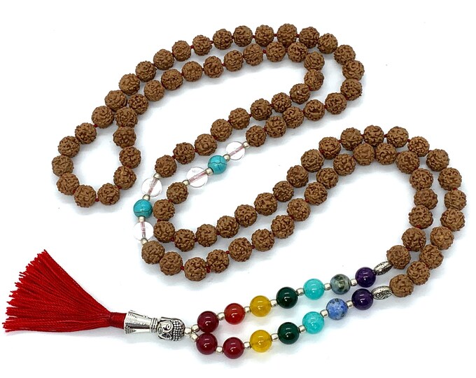 5 Mukhi Rudraksha - Five Face Rudraksha 5 Face Rudraksh mala bead necklace, 7 chakra mala, knotted mala, Rudraksha chakra malaChristmas