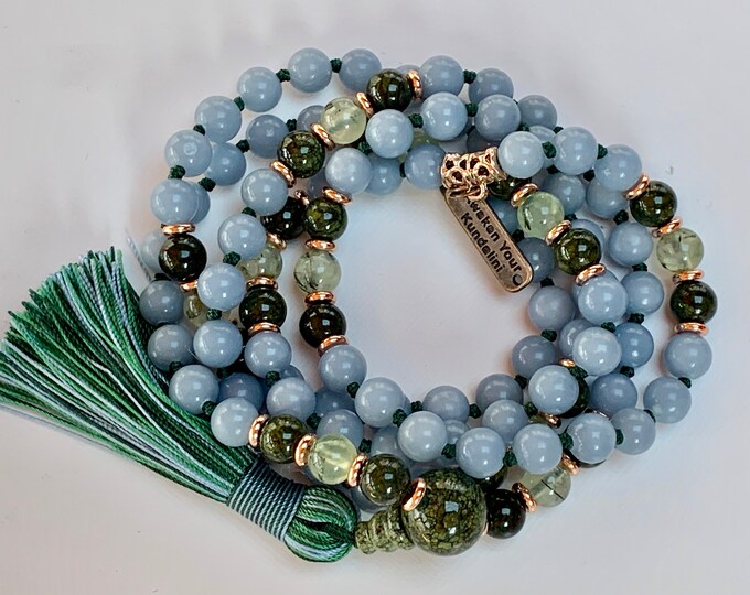 Celestial Anhydrite Angelite knotted necklace Serpentine Prehnite stone mala bead Angels Stone healing crystals Protection crystals jewelry