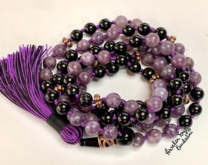 EMPATH Lepidolite, Black Tourmaline Mala Beads Necklace (8mm Beads)/Emotional Healing, Depression, Insomnia, New Beginnings, Anxiety