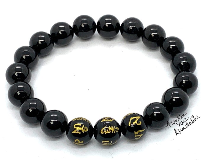 Black Obsidian Bracelet Om Mani Padme Hum Mantra Meditation Bracelet Yoga Mala Chakra 10mm Natural Gemstone Beaded Stretch BraceletChristmas