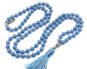 Angelite Mala Necklace angelite necklace, 108 mala beads necklace, mala tassel necklace, japa mala, gemstone mala necklace comfort necklace