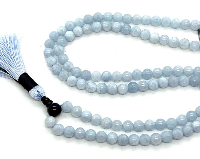 Blue Aquamarine Mala Beads Necklace AAA Grade 8mm 108 prayer beads Beaded Birthstone Necklace Raw Dainty Crystal Pisces Necklace