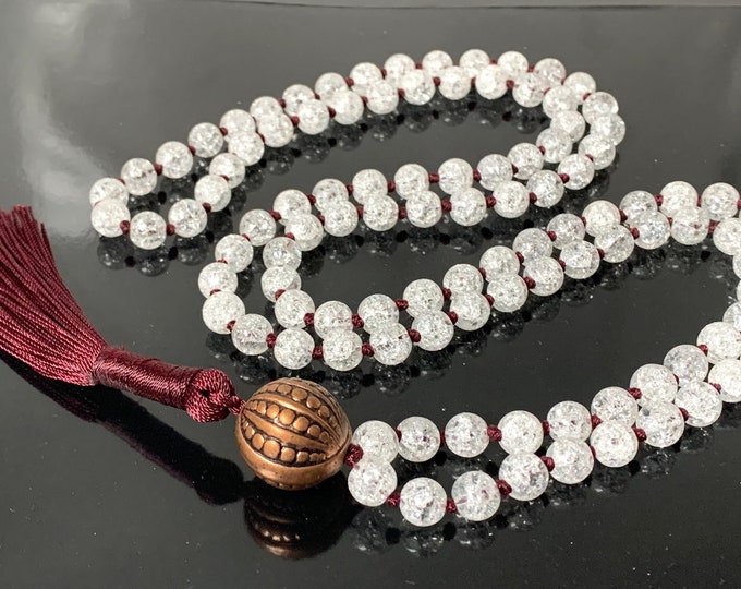 108 Beads Crackle Quartz Healing Mala Necklace, 7 Chakra Tassel Necklace, Meditation Spiritual Protection,Natural Stone Mala Prayer Beads