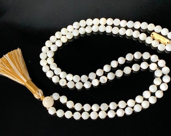 Mother of Pearl Necklace Moon  Women Jewelry Semi Precious Mala Beads 108, Knotted Prayer Beads, Relationship gifts, Meditation, Japa, Yoga