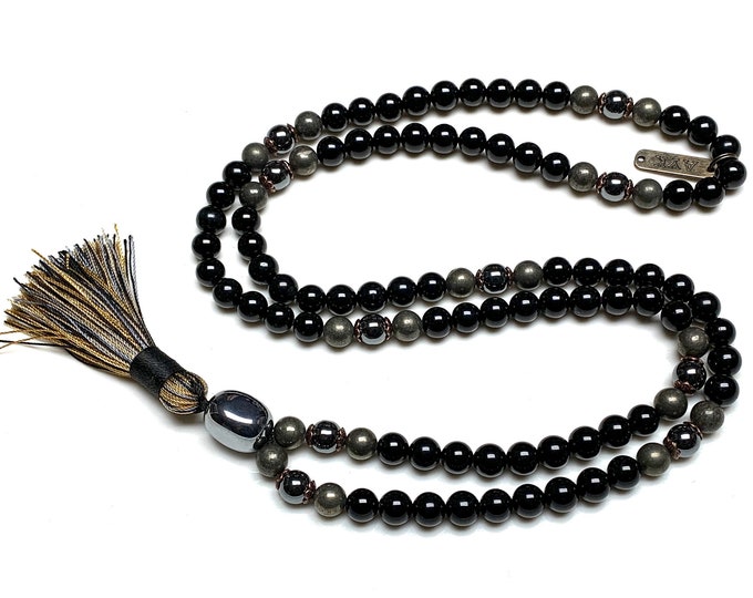 EMPATH EMF PROTECTION 108 Black Tourmaline Mala Beads Necklace Necklace Hematite Pyrite Prayer Beads Meditation Mala Empaths Yoga Tera Hertz