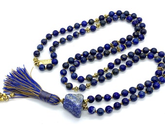 108 Blue Lapis Mala Beads Necklace Yoga Gift 108 Prayer Beads Japa Mala Yoga Jewelry Gift Mala Lapis Lazuli Buddhist Prayer Beads AAA Grade