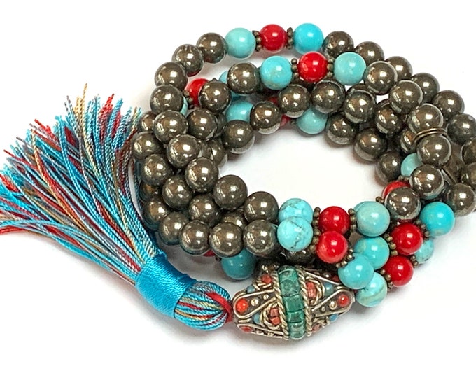 108 Beads Pyrite Turquoise Healing Mala Necklace,7 Chakra Coral Tassel Mala, Meditation Spiritual Protection,Natural Stone Mala Prayer Beads