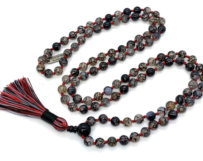 Gray Dragon Vein Agate Mala Beads Necklace Dragon Veins Agate knotted necklace for men women Agate Necklace Black and white agate AAA grade