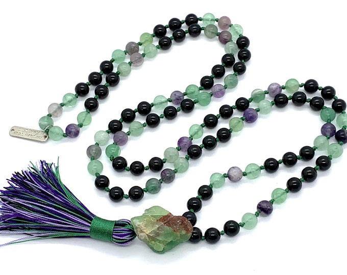 Mala Necklace with Tourmaline and Rainbow Fluorite Mala Beads, 108 Mala Prayer Beads, Mala Necklace, Yoga Gift