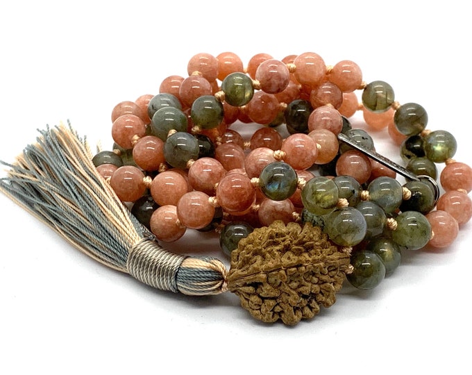 AAA Natural labradorite Sunstone mala 108 beads necklace Rudraksha mala necklace, Grey labradorite mala beads 108, Orange knotted necklace