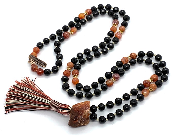 PSYCHIC PROTECTION Black Tourmaline Necklace Fire Agate Knotted Tassel Tourmaline Mala Prayer Beads 108 Meditation Mala for Empaths Yoga Bea