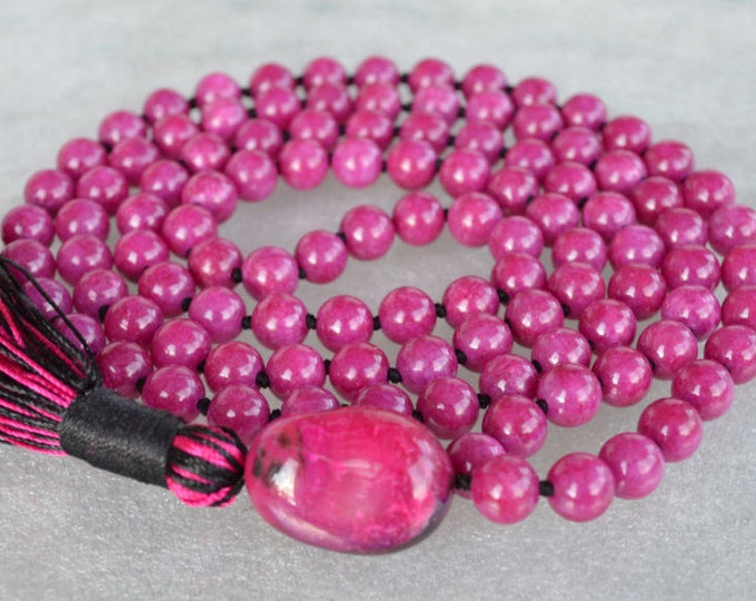 Black & Majenta Pink Mashan Jade Hand Knotted Mala Beads Necklace - Blessed Karma Nirvana Meditation 108 Prayer Beads For Awakening Chak