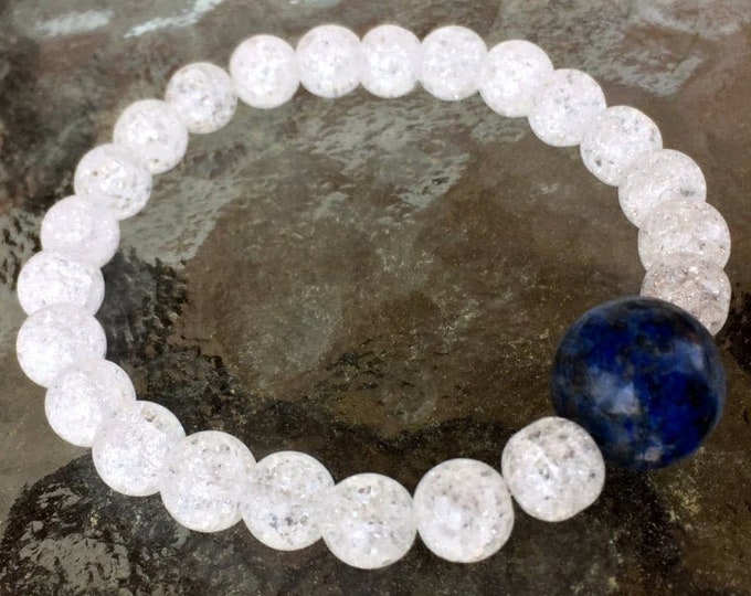 Crackle Crystal Quartz Himalyan Ice with Lapis Lazuli Center Stone Prayer Beads Handmade BraceletChristmas