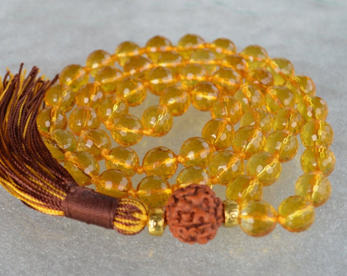 10 mm AAA+ Faceted Citrine Hand Knotted Japa Mala Beads Necklace November Birthstone, Creativity, Emotional balance,Relationships, Sexuality