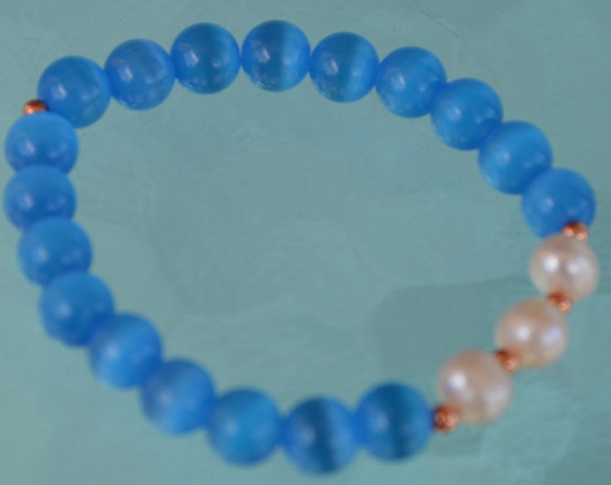 8mm Pure Fresh Water Pearl Blue Cat's eye Glass Beads braceletChristmas