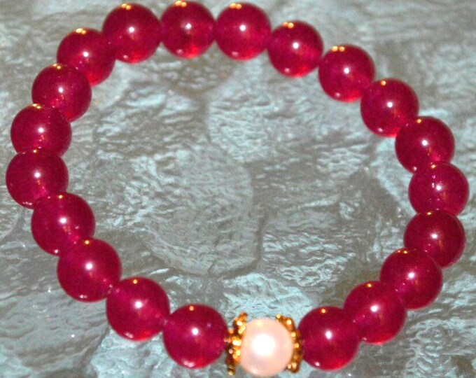 Pink Jade & Mother of Pearl Bracelet, Fuchsia Magenta Electric Pink Jade