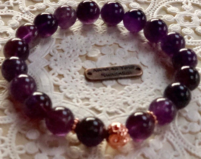 10 mm Amethyst & Rose gold plated Basalt Lava Wrist Mala Beads Healing Bracelet - Blessed Karma Nirvana Meditation Prayer Beads For Awakenin