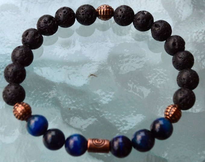 Black Basalt Lava Stone Blue Tigers Eye Wrist Mala Beads Bracelet - Grounding, Fertility, Calming, Energizing, Stability, Increase Libido,