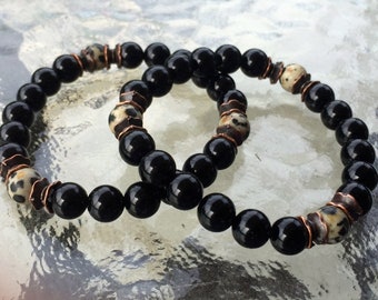 Black Onyx Dalmatian Jasper Wrist Mala Beads Healing Bracelet - For Courage Determination Rejuvenation & Fights Depression Negative Ener