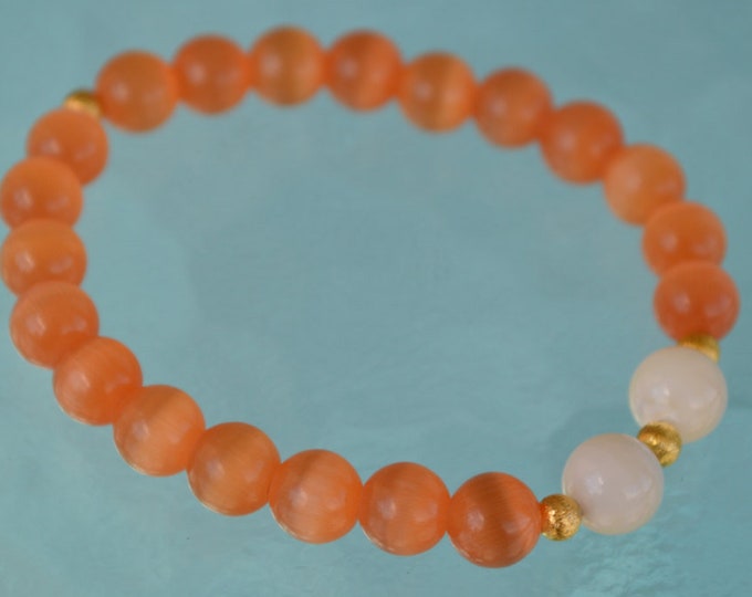 8mm Pure Fresh Water Pearl Orange Cat's eye Glass Beads braceletChristmas